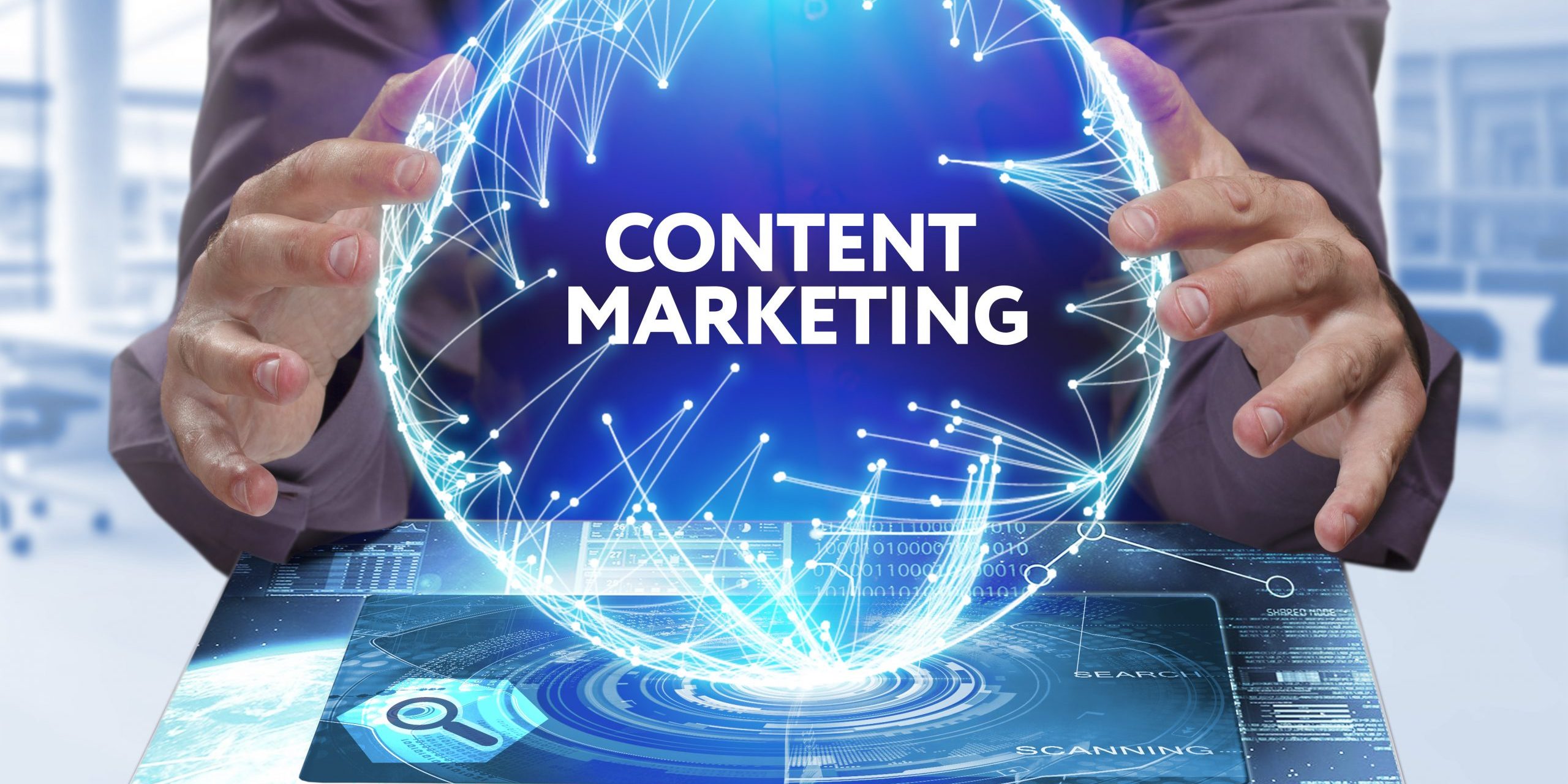 Business, Technology, Internet and network concept. Young businessman shows the word on the virtual display of the future: Content marketing